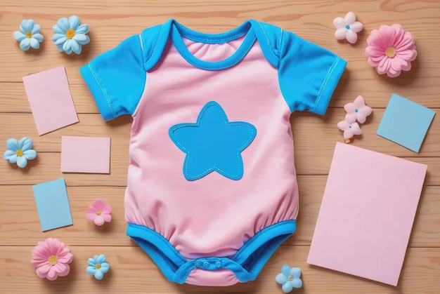 TopView Foto-Mockup eines blauen Baby-Rompers und einer rosa leeren Notiz auf einem Holztisch