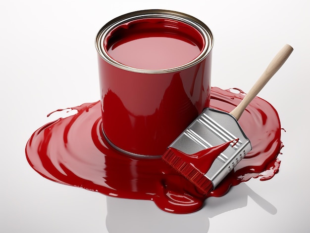TopView lata de pintura roja y pincel rojo
