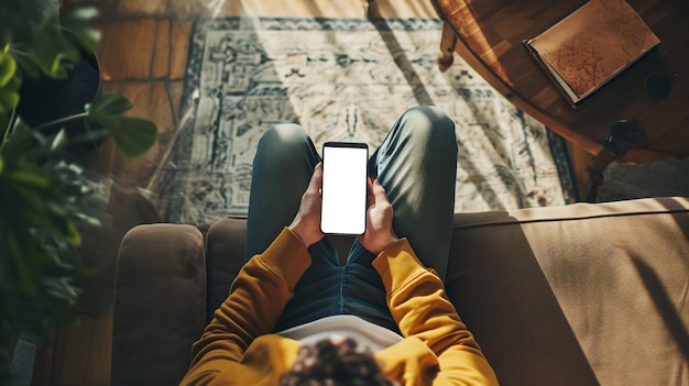 Foto topview um homem está segurando um telefone em branco no sofá em uma casa durante o inverno ia generativa