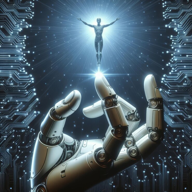 Foto un toque del dedo robótico del futuro tocando la mano humana concepto de la revolución de la ia y la ia