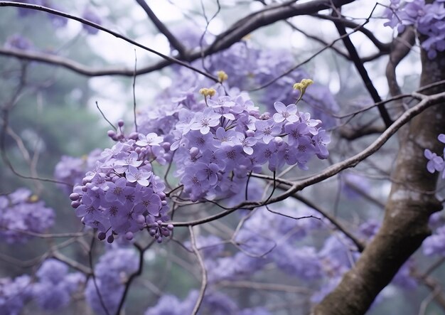 Foto el toque delicado de la naturaleza flores violetas claras en una rama de árbol como fondo