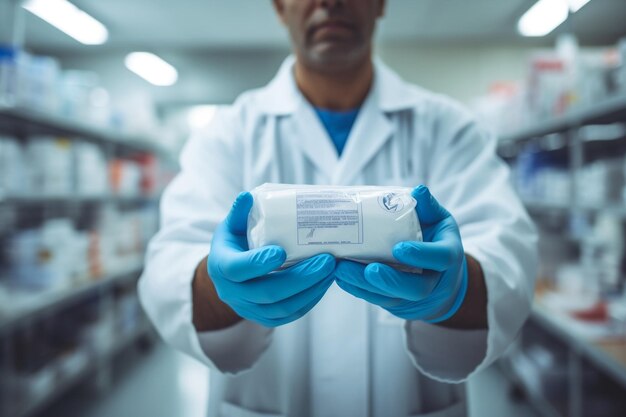 Toque del farmacéutico Primer plano de la mano que sostiene la caja de medicamentos en la farmacia AI