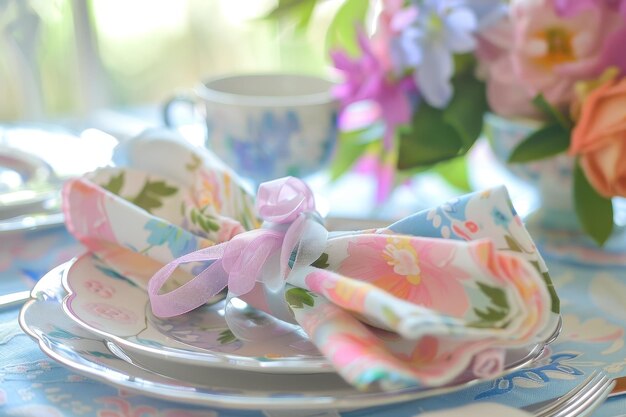 El toque festivo, las exquisitas cintas y servilletas transforman una mesa de Pascua en un país de las maravillas de la primavera