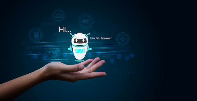 Toque con la mano Chatbot digital para acceder a la información y los datos en la red en línea Aplicaciones de robots y conectividad global IA Inteligencia artificial Innovación y tecnología