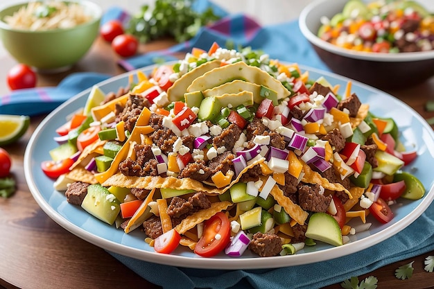 Foto un toque moderno a un plato clásico: ensalada de tacos con capas de tortilla crujiente y verduras frescas.