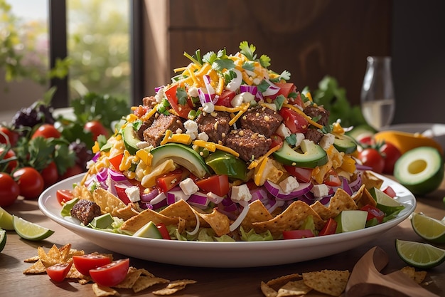 Foto un toque moderno a un plato clásico: ensalada de tacos con capas de tortilla crujiente y verduras frescas.