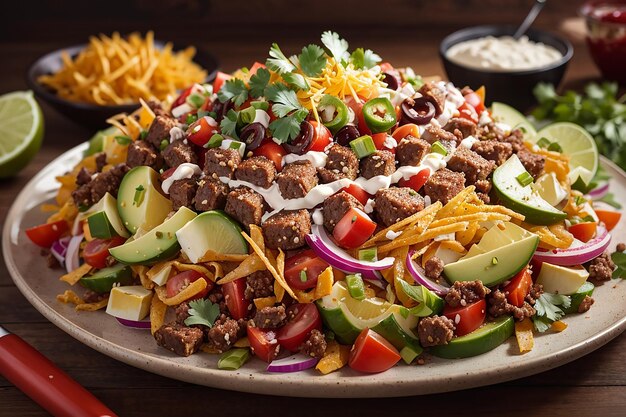 Un toque moderno a un plato clásico: ensalada de tacos con capas de tortilla crujiente y verduras frescas.