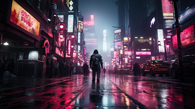 Tóquio é uma metrópole cyberpunk asiática do futuro Um dia sombrio e chuvoso com edifícios altos Em um