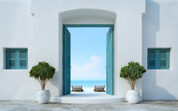 Tor im Santorini-Stil mit Blick auf den Strand und das Meer