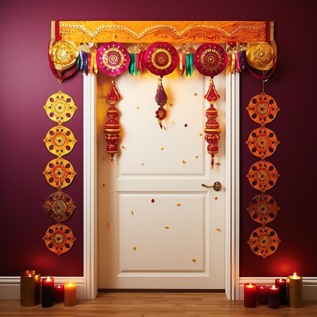 Torán decorativo en la puerta colgando una pancarta de Diwali