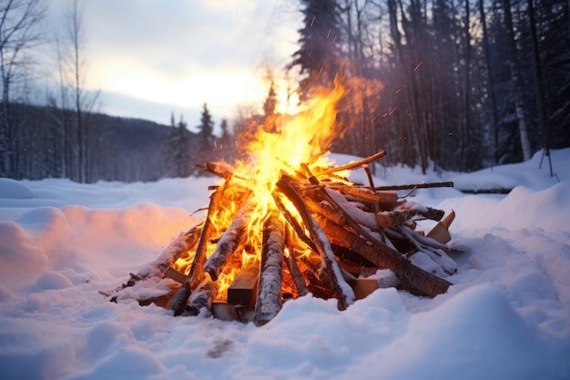 Toras pegando fogo em uma fogueira cercada de neve