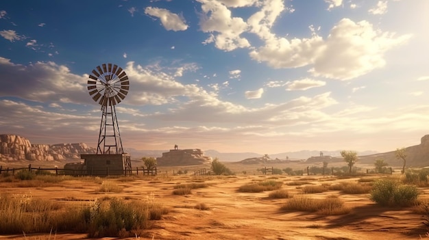 El torbellino alrededor del molino de viento en el paisaje árido del desierto