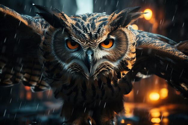 Foto torbellino de plumas imagen realista capturando a bubo bubo en vuelo a través del bosque ia generativa