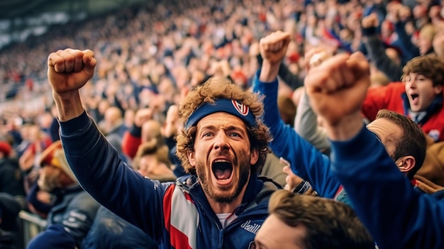 torcedor comemorando o sucesso Torcedores torcem na arquibancada na partida de futebol de 2023