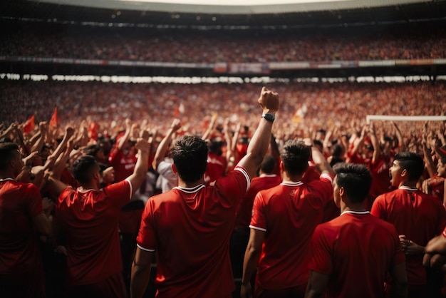 Torcedores de futebol se aglomeram torcendo e comemorando gol na ilustração de IA generativa do estádio