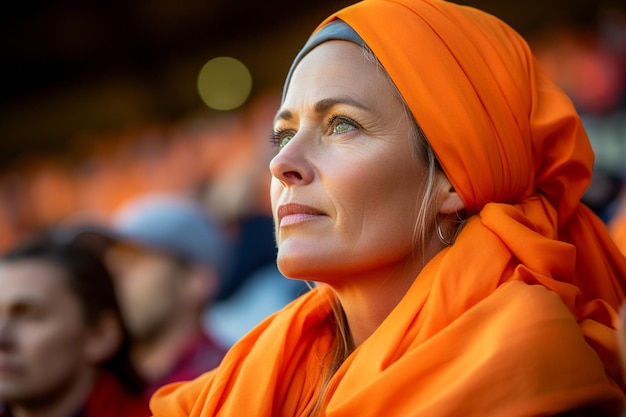 Foto torcedores holandeses de futebol feminino em um estádio da copa do mundo apoiando a seleção nacional