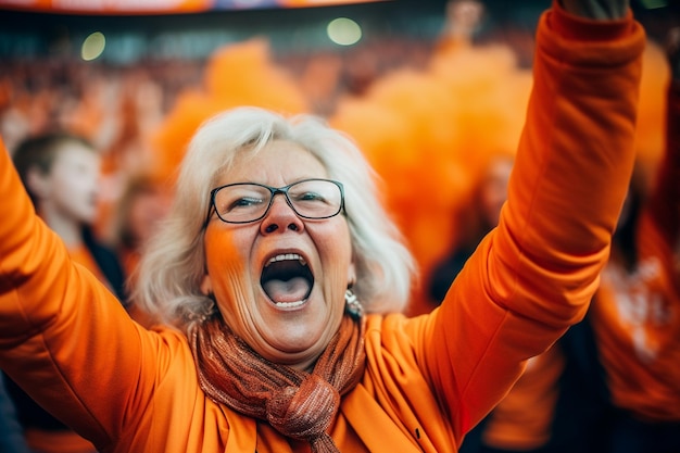 Torcedores holandeses de futebol feminino em um estádio da Copa do Mundo apoiando a seleção nacional