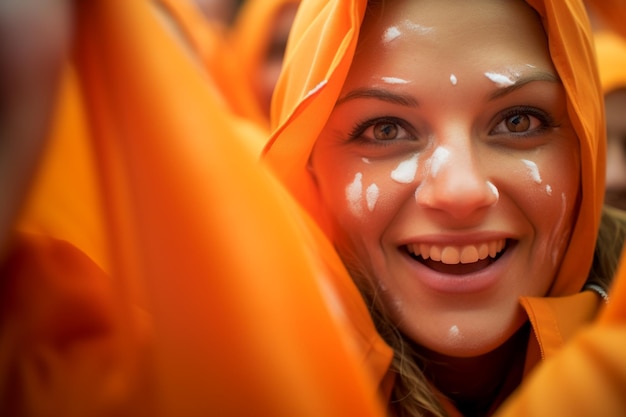 Foto torcedores holandeses de futebol feminino em um estádio da copa do mundo apoiando a seleção nacional