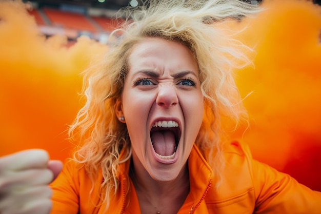 Torcedores holandeses de futebol feminino em um estádio da Copa do Mundo apoiando a seleção nacional