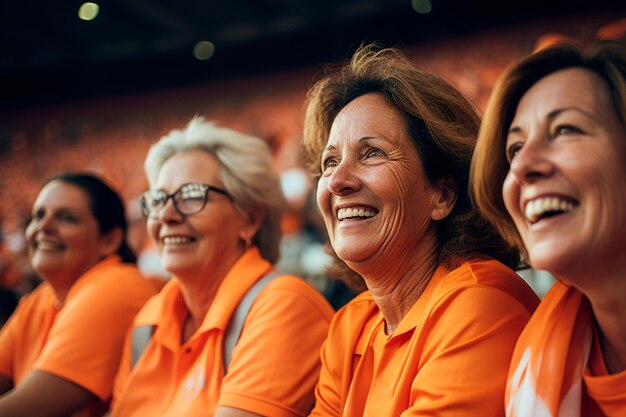 Torcedores holandeses de futebol feminino em um estádio da Copa do Mundo apoiando a seleção nacional