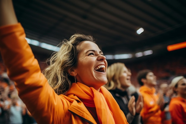 Torcedores holandeses de futebol feminino em um estádio da Copa do Mundo apoiando a seleção nacional