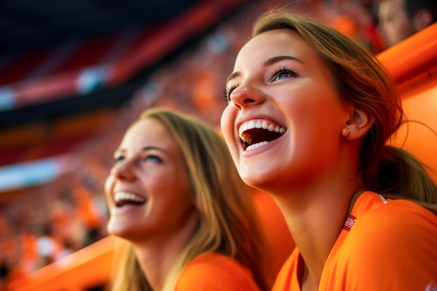 Torcedores holandeses de futebol feminino em um estádio da Copa do Mundo apoiando a seleção nacional