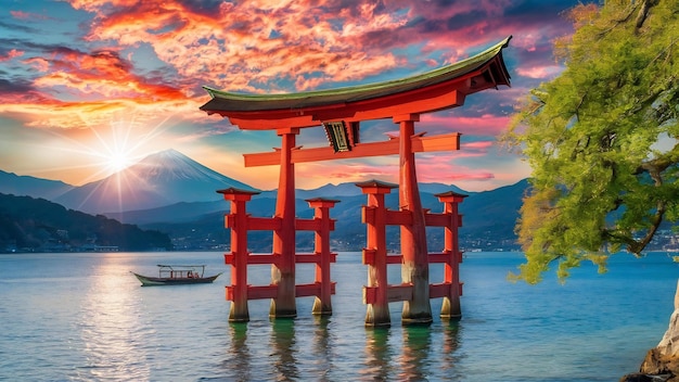 Foto torii rojo en el lago hakone, japón