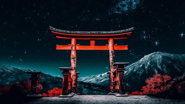 Torii-Tor mit Bergen und Sternenhimmel im Hintergrund. KI-generierte Idee für Hintergrund oder Banner