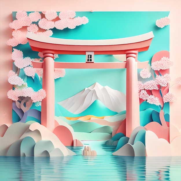 Torii und Berg mit Blütenbaum, berühmte Wahrzeichen Japans im Scherenschnitt, generative KI