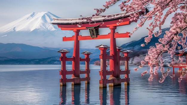 Foto torii vermelho no lago hakone, japão