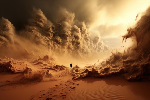 Foto una tormenta de arena en el desierto un hombre solitario a merced de los elementos