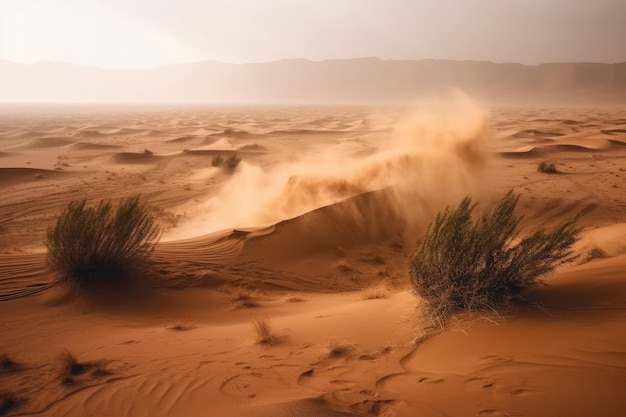 Tormenta de arena que sopla a través del paisaje desértico IA generativa