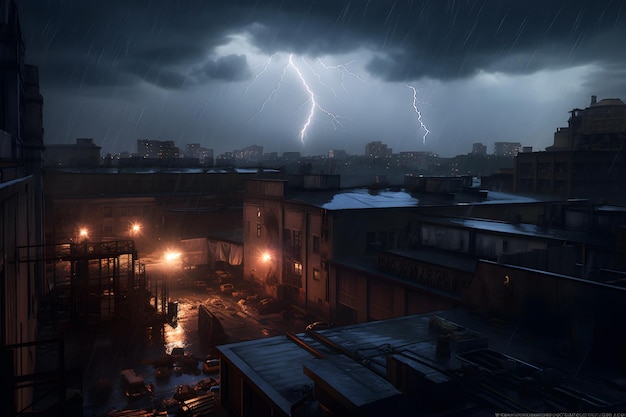 Foto una tormenta en la ciudad con un relámpago en el cielo