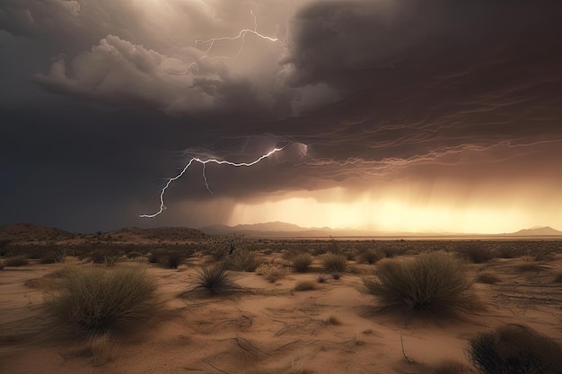 Tormenta del desierto con nubes dramáticas y relámpagos en el fondo