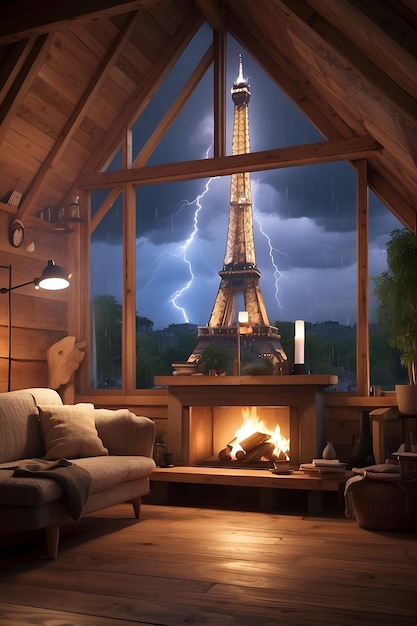 Tormenta Eiffel en la ventana de la cabina de la sala de estar