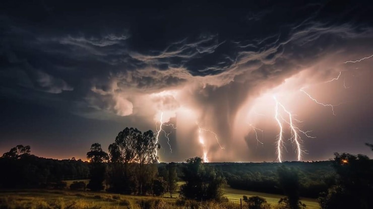 Foto una tormenta eléctrica con un árbol al fondo