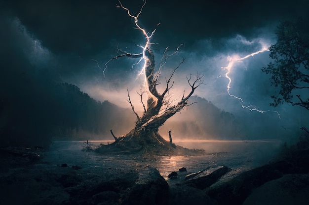 una tormenta eléctrica con un árbol en primer plano y un fondo oscuro.