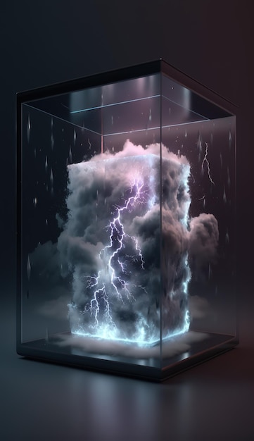 Una tormenta eléctrica en una caja de cristal con una tormenta eléctrica en la parte superior.