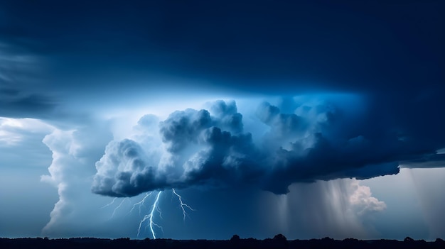 Una tormenta eléctrica con un cielo azul y nubes blancas