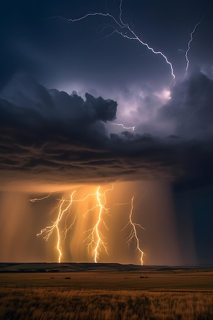 Una tormenta eléctrica con un cielo oscuro y una gran nube con un rayo.