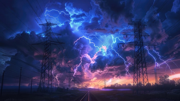 Foto una tormenta eléctrica dramática sobre las vías del tren y las líneas eléctricas