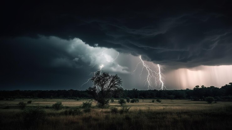 Foto una tormenta eléctrica sobre un campo con un árbol en primer plano