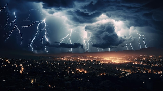 Tormenta eléctrica sobre la ciudad a la luz de la noche