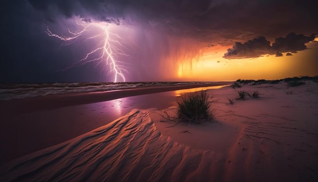 Una tormenta eléctrica sobre una playa con una puesta de sol de fondo
