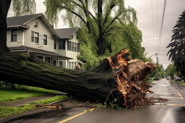 Tras la tormenta, un enorme árbol bloquea una calle residencial creada con IA generativa.