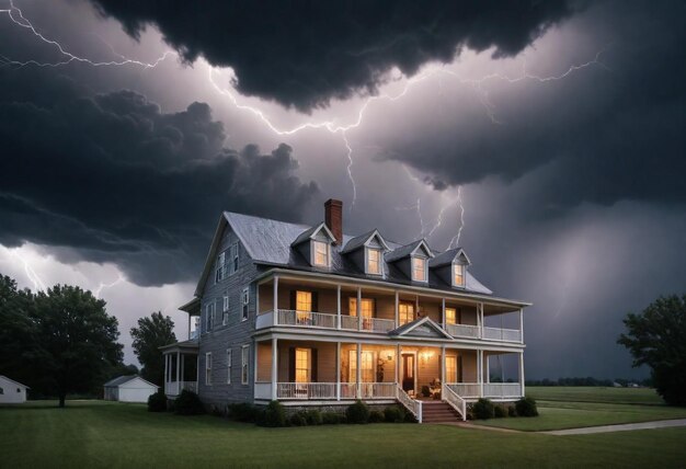 Foto una tormenta está entrando sobre una casa y los rayos golpean