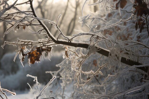 Tormenta de hielo con ramas congeladas y ramitas cubiertas de nieve