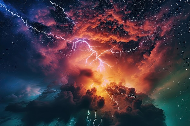 Tormenta magnética con colores brillantes y cielo oscuro IA generativa