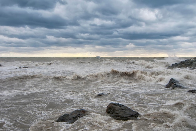 Tormenta de mar en la orilla en un fondo de cielo nublado