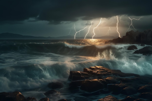 Una tormenta en el mar con relámpagos